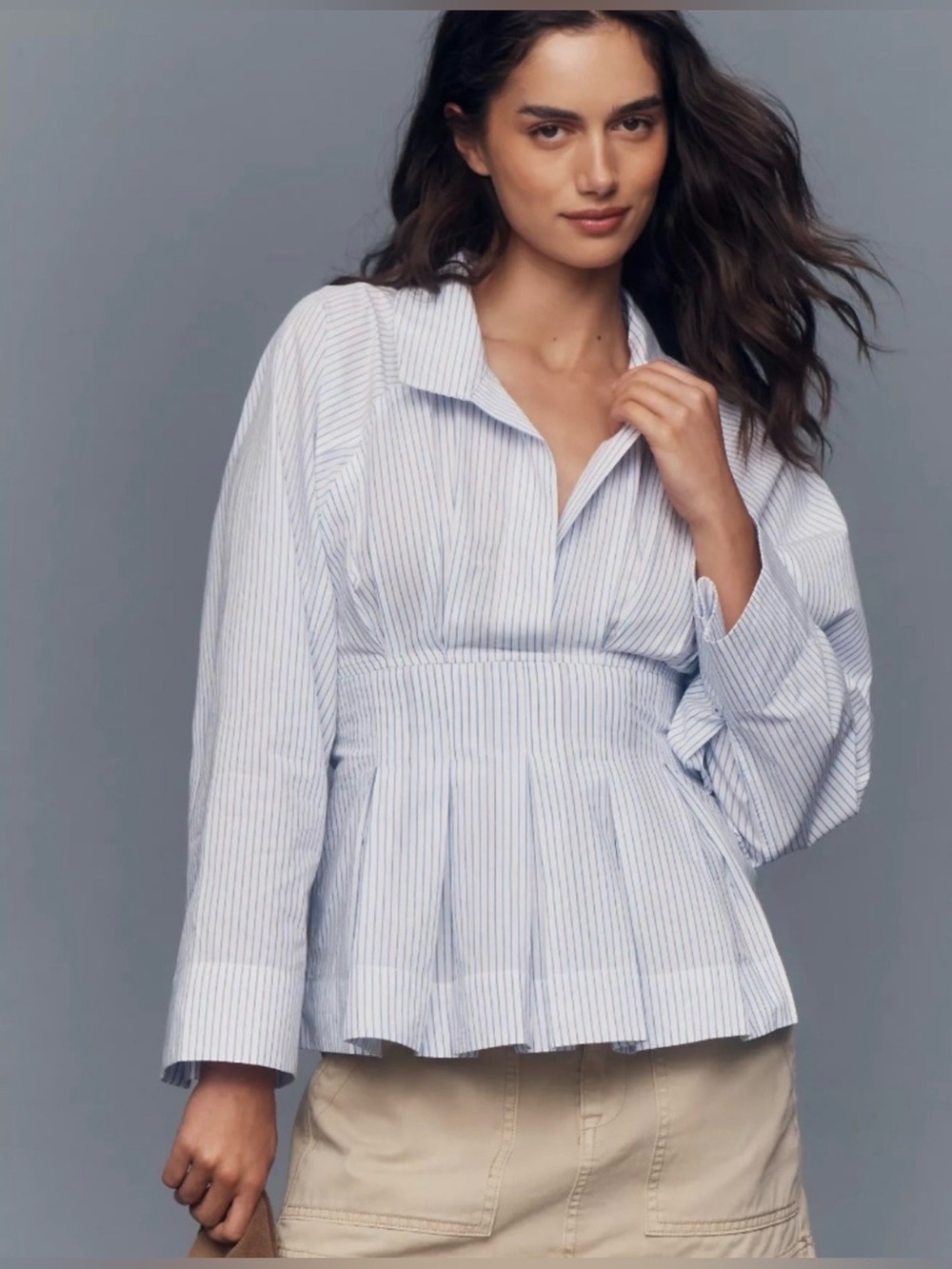 Anthropologie Maeve Long-Sleeve Waisted Blue and White Striped V-Neck Top XL